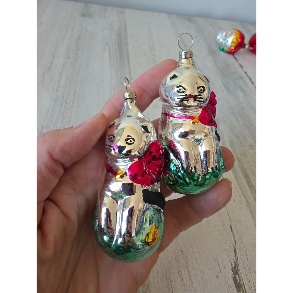 Vintage mercury glass cat ornament Xmas tree‎ kitten bow
